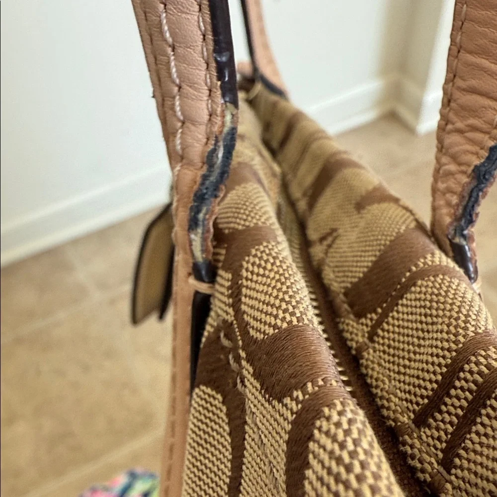 Coach Brown and Tan Signature Tote with Pink Accents